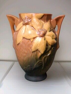 Vintage Roseville Pottery Orange,  Yellow Handled Clematis Vase 103-6"
